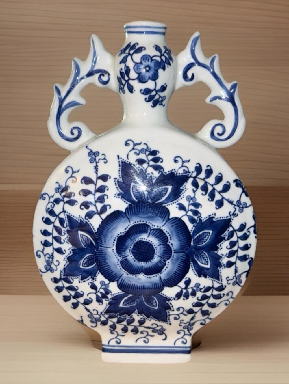 Vintage Chinese Blue & White Porcelain Moon Flask Vase Double Handle Floral 13"T